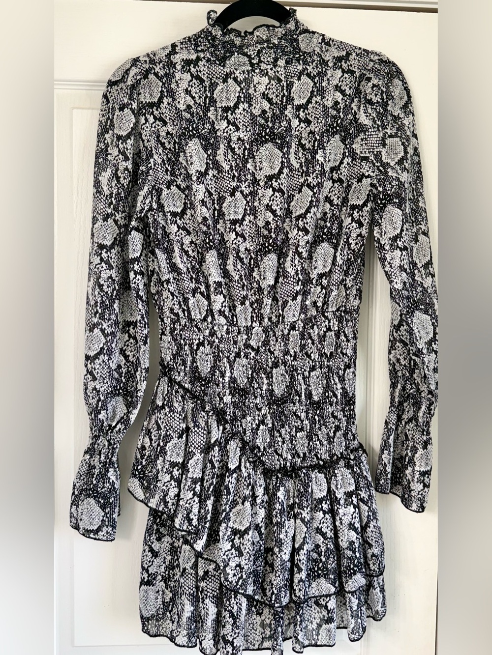 Black & White Asymmetrical Snake Print Ruffled Mini Dress